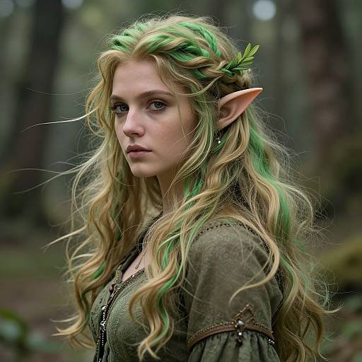 Fantasy Elf Woman with Green Streaked Hair in Forest Setting