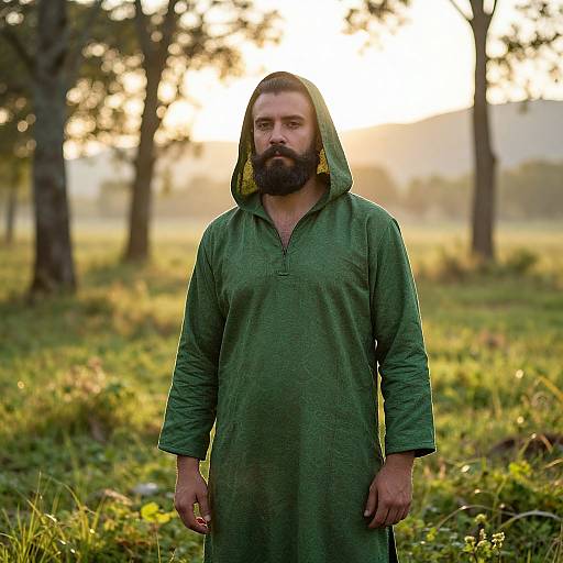 Bearded Man in Green Hooded Tunic Standing in Field at Sunset