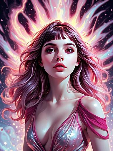 Stunning Woman with Purple-Pink Hair and Fiery Halo Digital Artwork