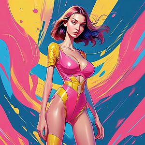 Confident Woman in Futuristic Outfit Against Abstract Background