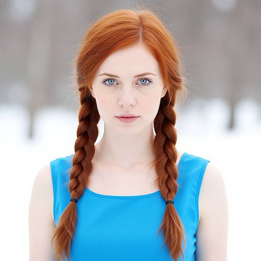 Portrait of Red-Haired Woman in Blue Top Against Snowy Background