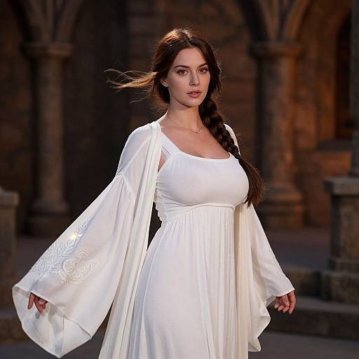 Woman in Flowing White Ethereal Dress with Braided Hair at Stone Archway