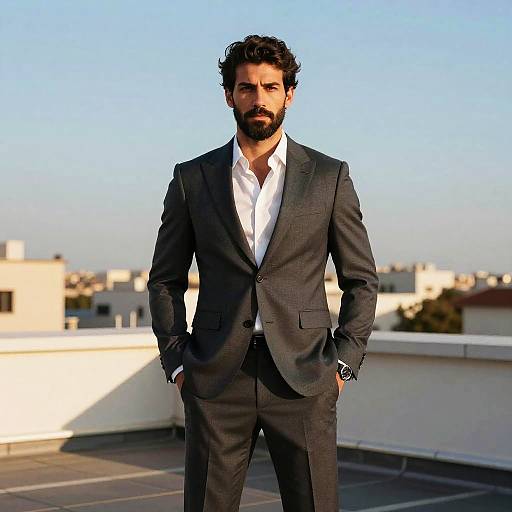 Confident Man in Charcoal Gray Suit on Rooftop Urban Background