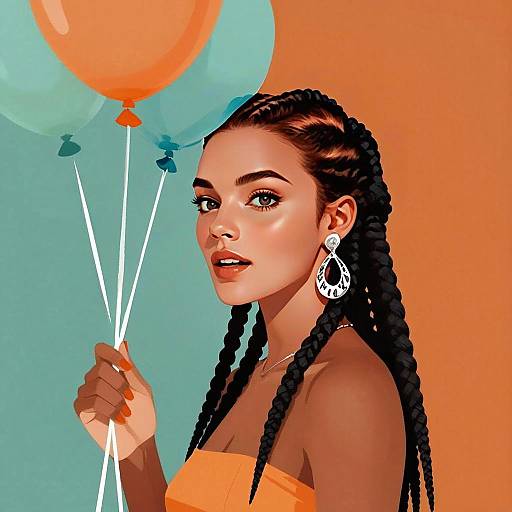 Stylish Young Woman Holding Balloons Digital Portrait Illustration