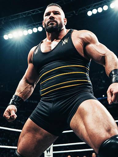 Muscular Man in WWE Fighter Costume in Wrestling Ring Cinematic Low Angle