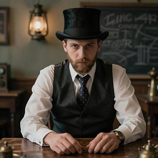 Victorian Era Man with Top Hat Sitting at Wooden Table in Vintage Setting