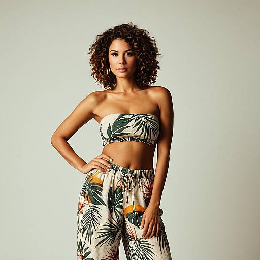 Woman in Tropical Print Bandeau Top and Matching Pants