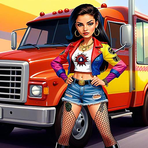 Confident Woman in Colorful Outfit Standing by Orange and Yellow Truck