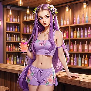 Young Woman with Purple Hair at Bar