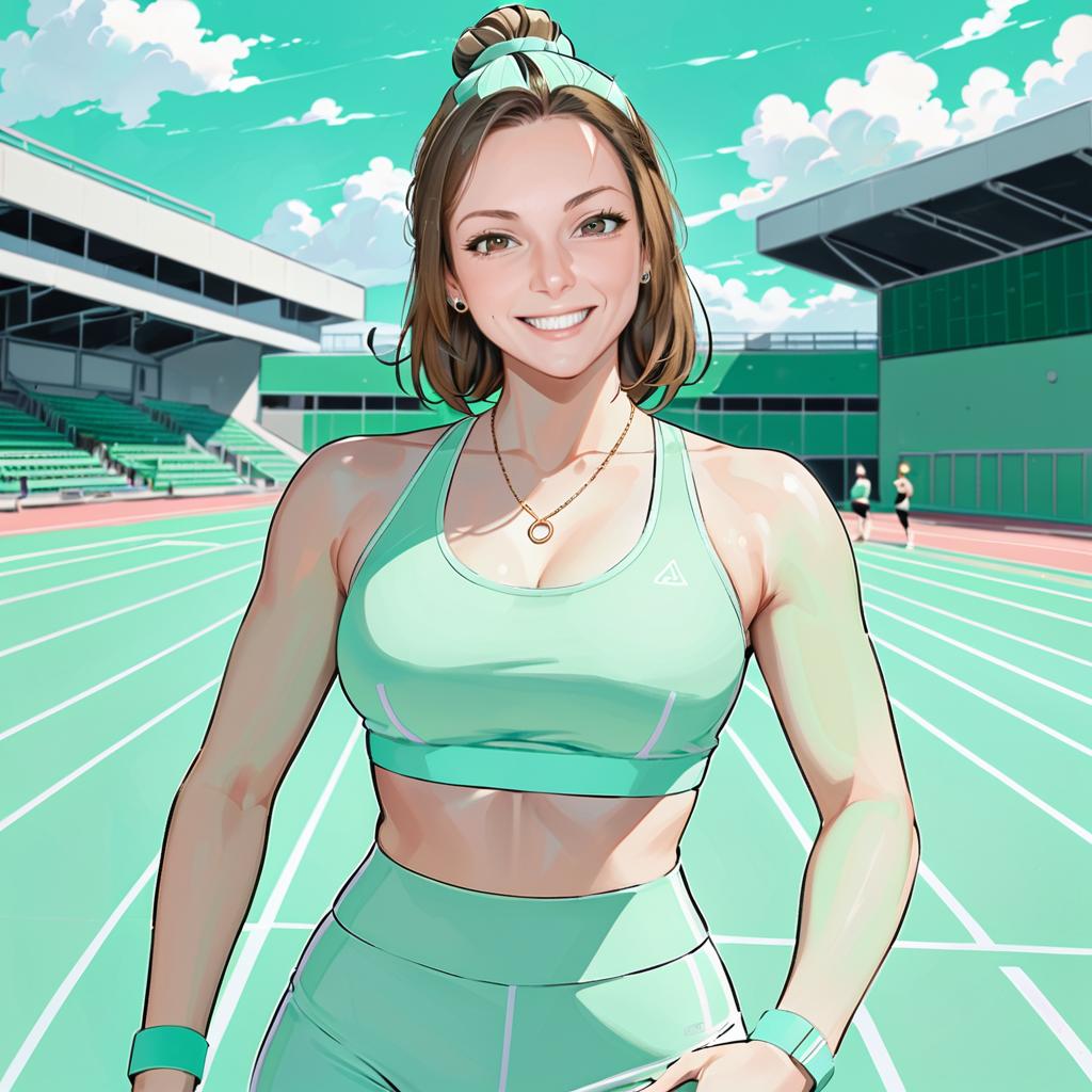 Anime Woman in Sporty Attire on Athletics Track