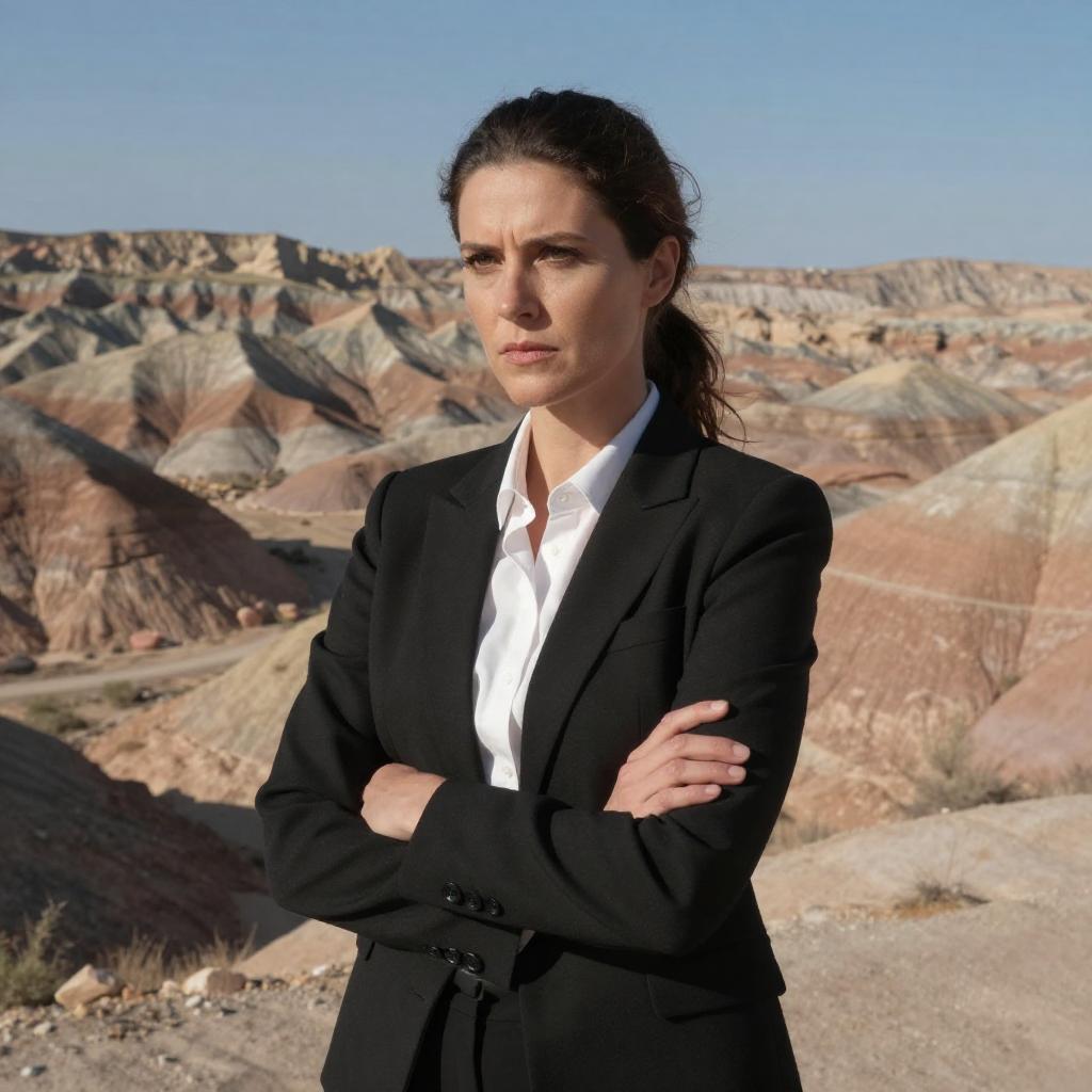 Confident Woman in Black Suit Standing in Desert Landscape