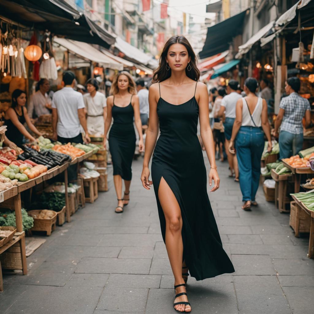 Confident Woman in Elegant Black Dress at Market