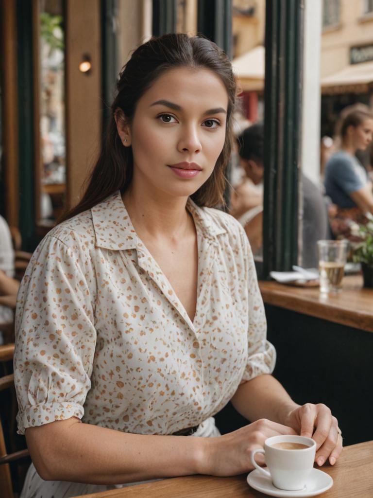 Poised Woman in Café with Coffee Cup