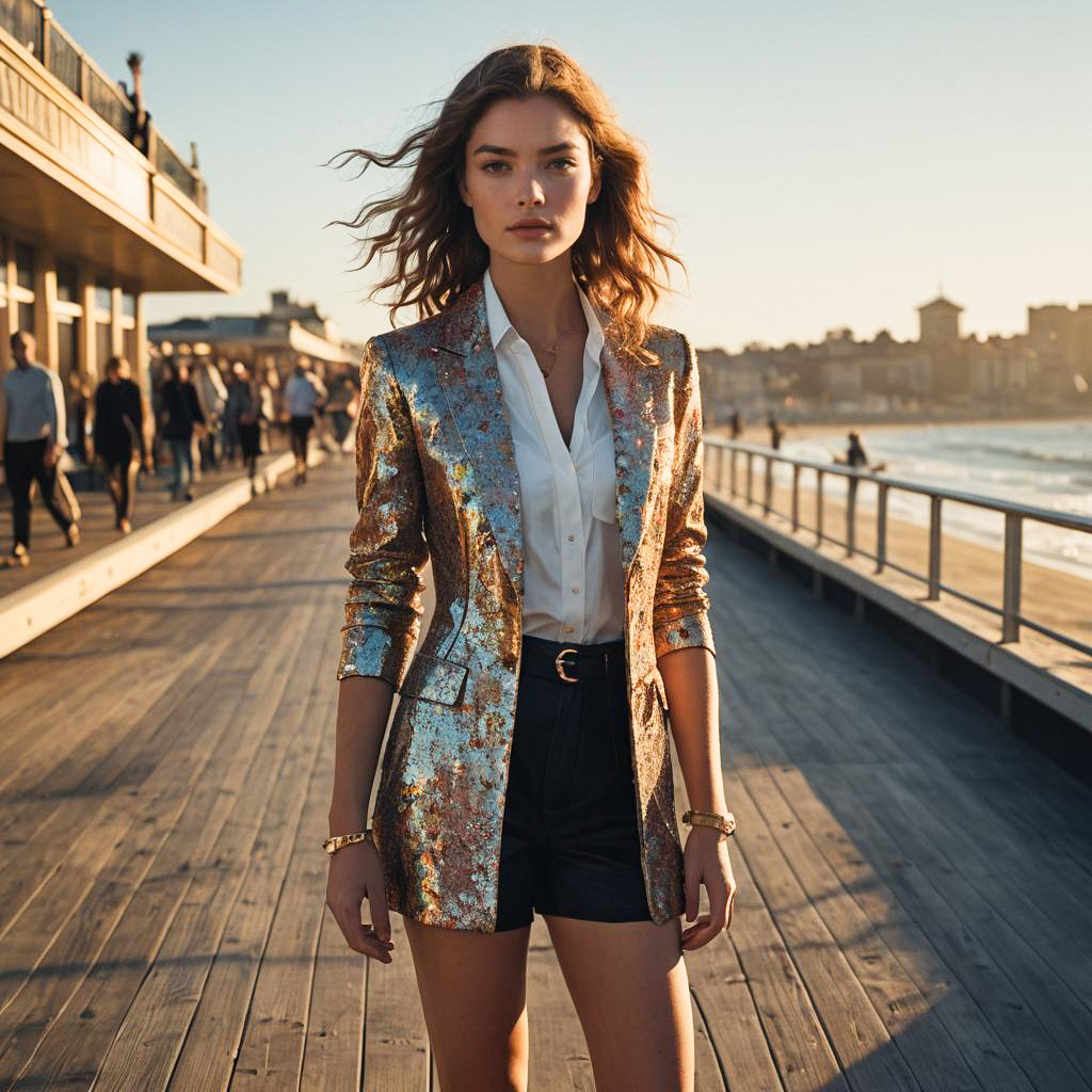 Confident Woman in Metallic Blazer at Beach Confident Woman in Metallic Blazer at Beach