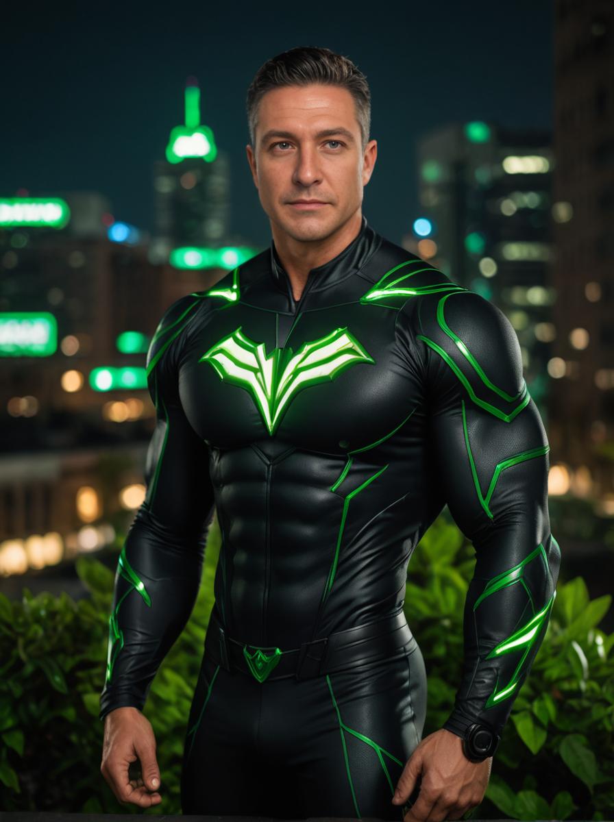 Muscular Superhero in Black Bodysuit with Green Accents