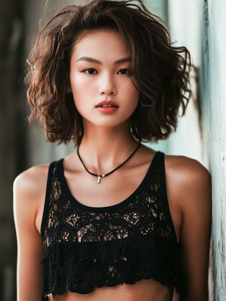 Confident Young Woman in Black Lace Crop Top