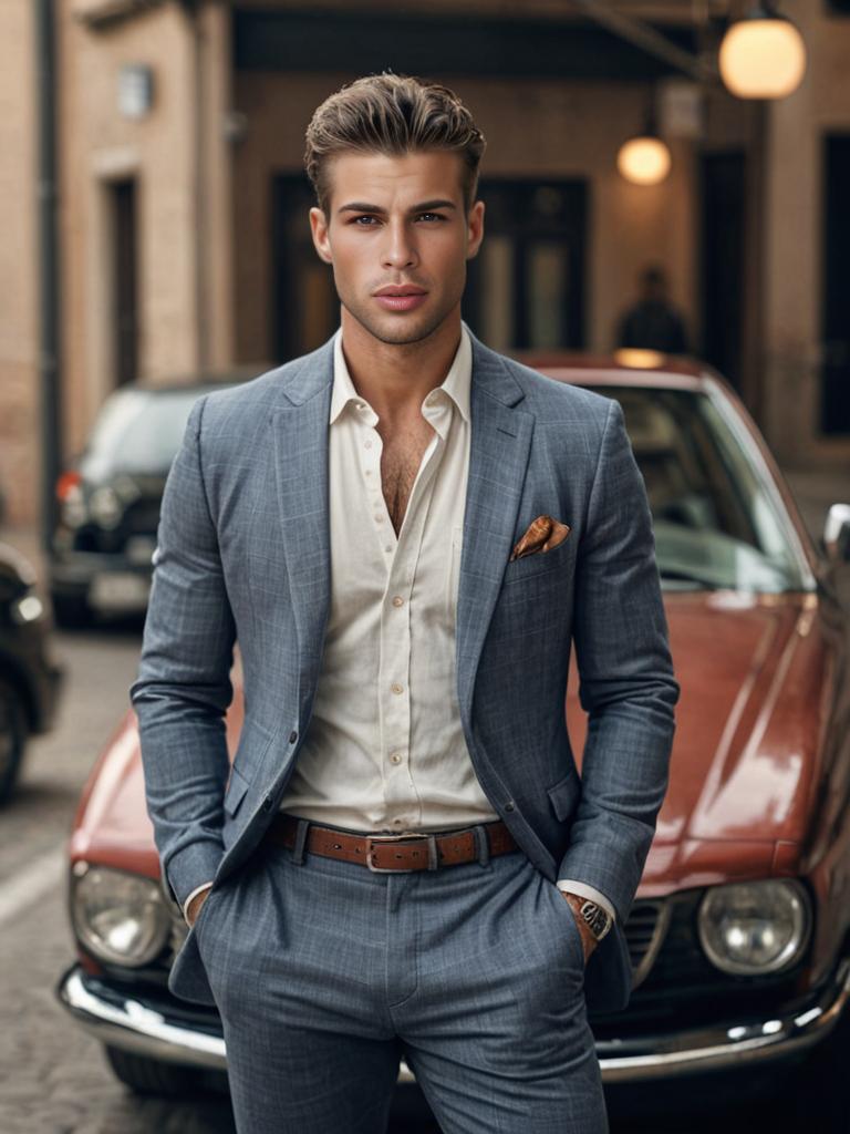 Man in business casual suit with vintage car on urban street