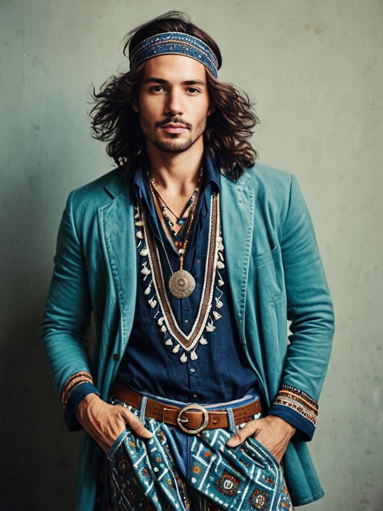 Man in Bohemian Style Outfit with Layered Accessories and Teal Jacket
