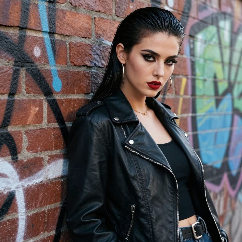 Confident Woman in Black Leather Jacket Posing by Graffiti Wall
