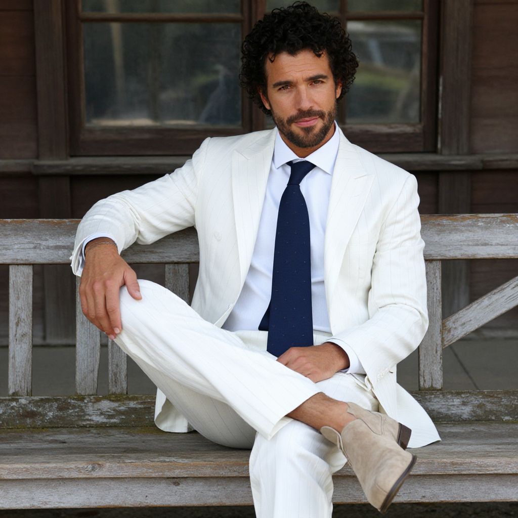 Stylish Man in White Pinstripe Suit Sitting on Wooden Bench