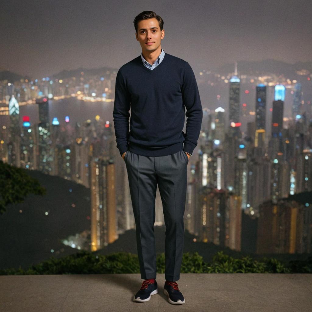 Man Posing Confidently with Hong Kong Cityscape