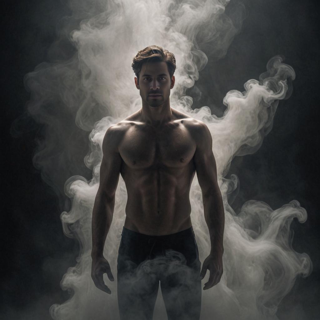 Confident man with impressive physique in swirling evaporation patterns