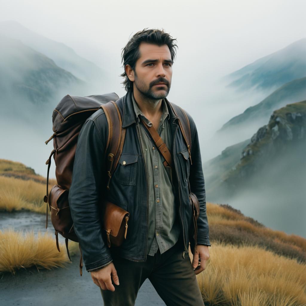 Rugged Man on Misty Mountain Path