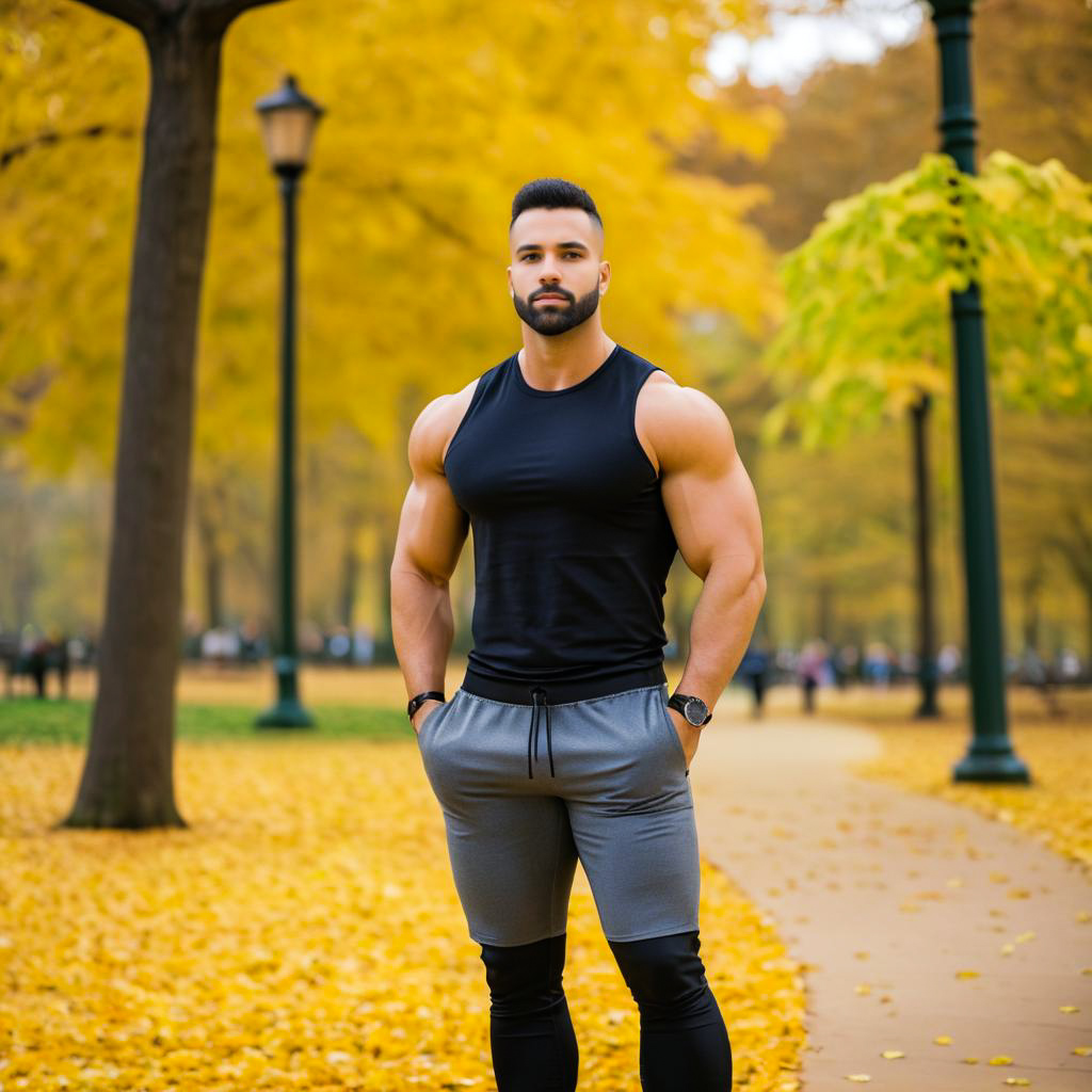 Muscular Man in Autumn Park