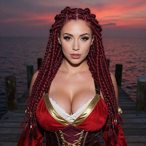 Woman with Red Braided Hair in Corset on Pier at Sunset