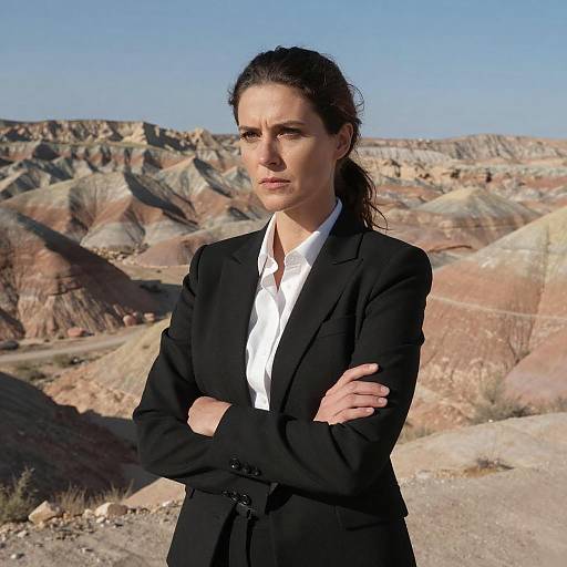 Confident Woman in Black Suit Standing in Desert Landscape
