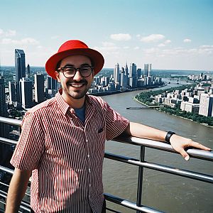 Man in Red Hat and Striped Shirt Overlooking City River View