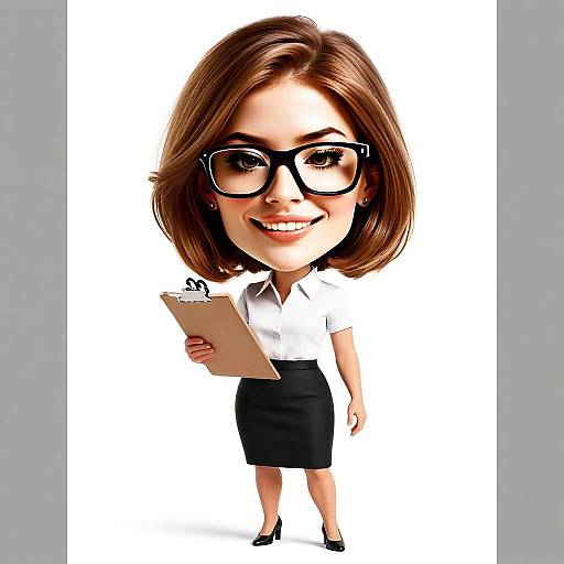 Caricature of Professional Woman in Business Attire Holding Clipboard