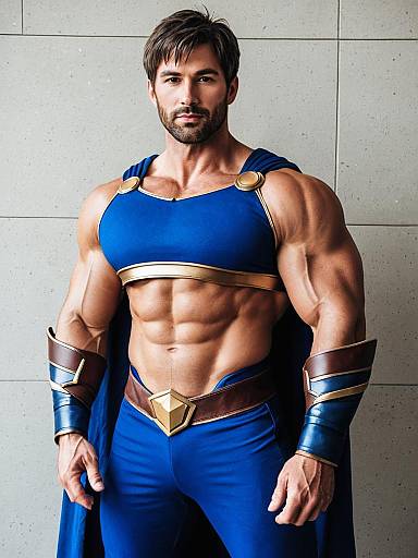 Muscular Man in Blue and Gold Hero Costume with Cape