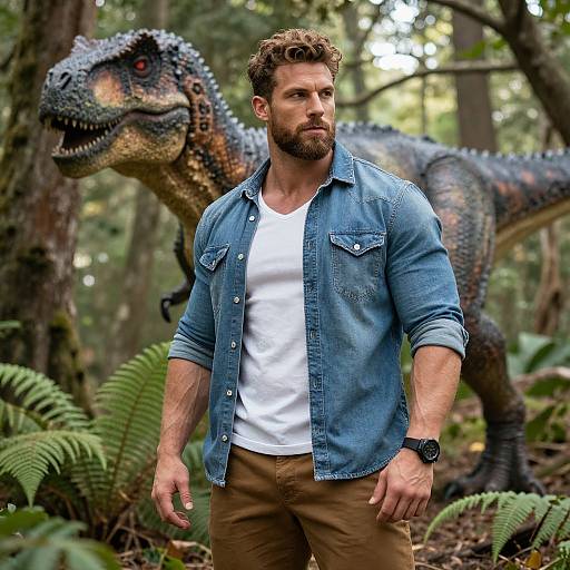 Man in Denim Shirt Poses with Realistic Dinosaur in Forest
