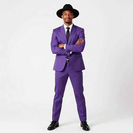 Confident Man in Purple Suit Wearing Black Hat