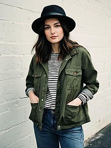 Young Woman Wearing Green Utility Jacket and Black Hat in Urban Setting