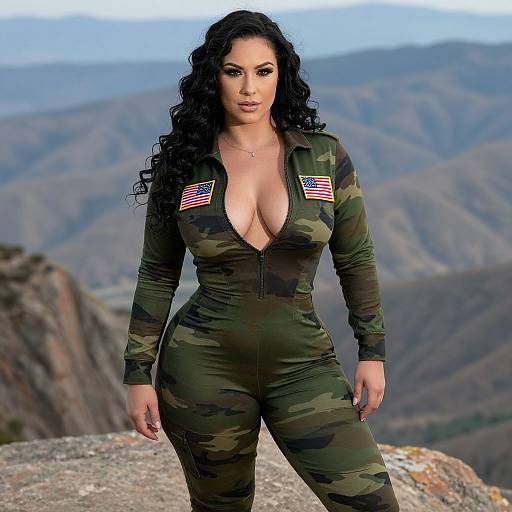 Woman in Camouflage Jumpsuit with American Flags Outdoors
