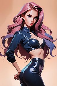 Stylized Digital Art of Woman in Shiny Black Leather Outfit with Pink Hair