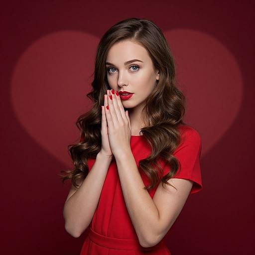 Elegant Woman in Red Dress with Heart Background