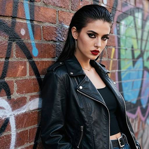 Confident Woman in Black Leather Jacket Posing by Graffiti Wall
