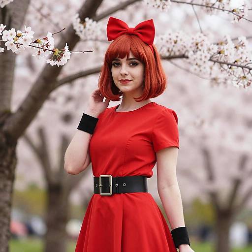 Woman in Red Vintage Dress with Bow Headband Among Cherry Blossoms