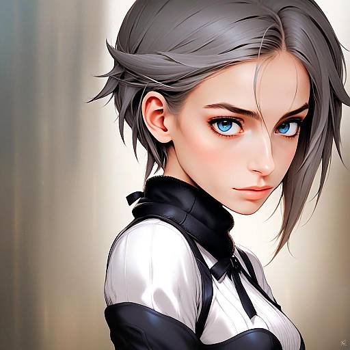 Anime Style Portrait of Woman with Gray Hair and Blue Eyes