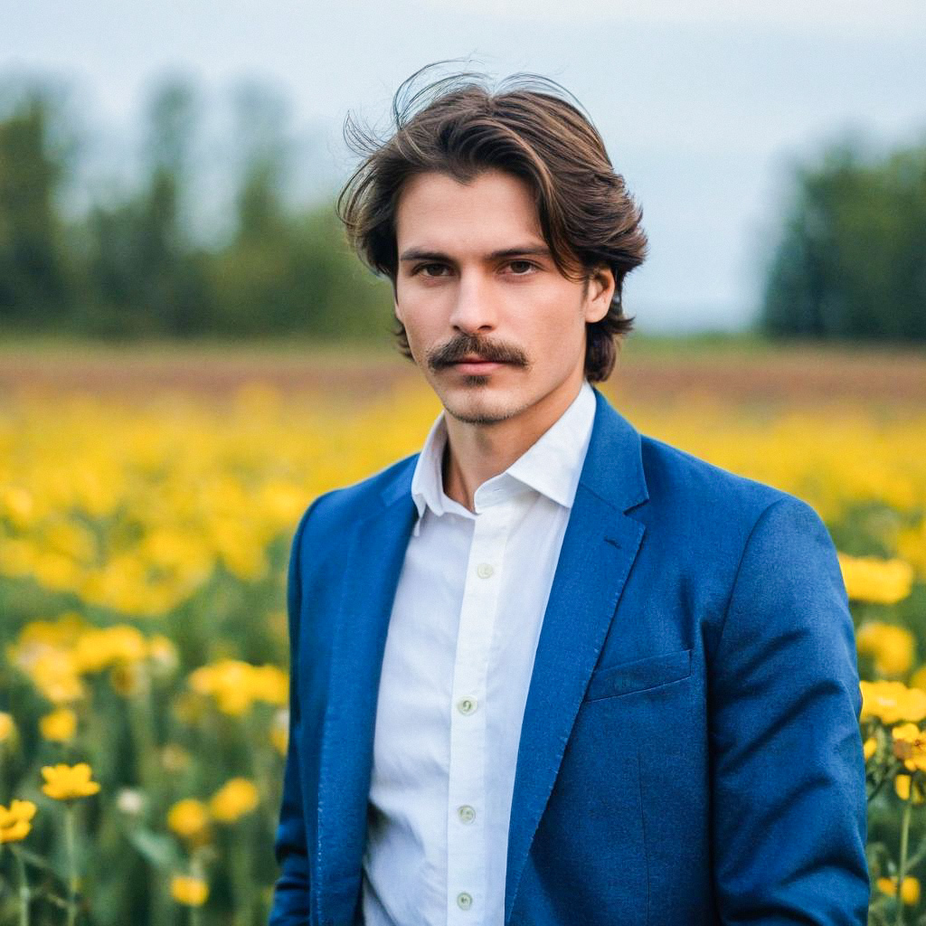 Man in Blue Suit Among Yellow Flowers