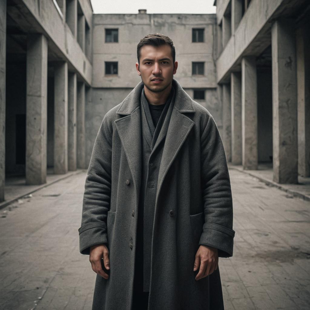 Man in Grey Overcoat by Brutalist Architecture