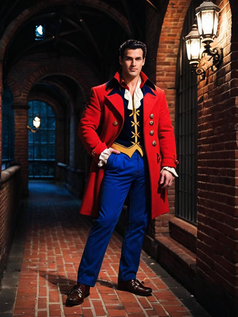 Man Dressed as Disney Gaston in Red Coat and Blue Pants Standing on Brick Walkway