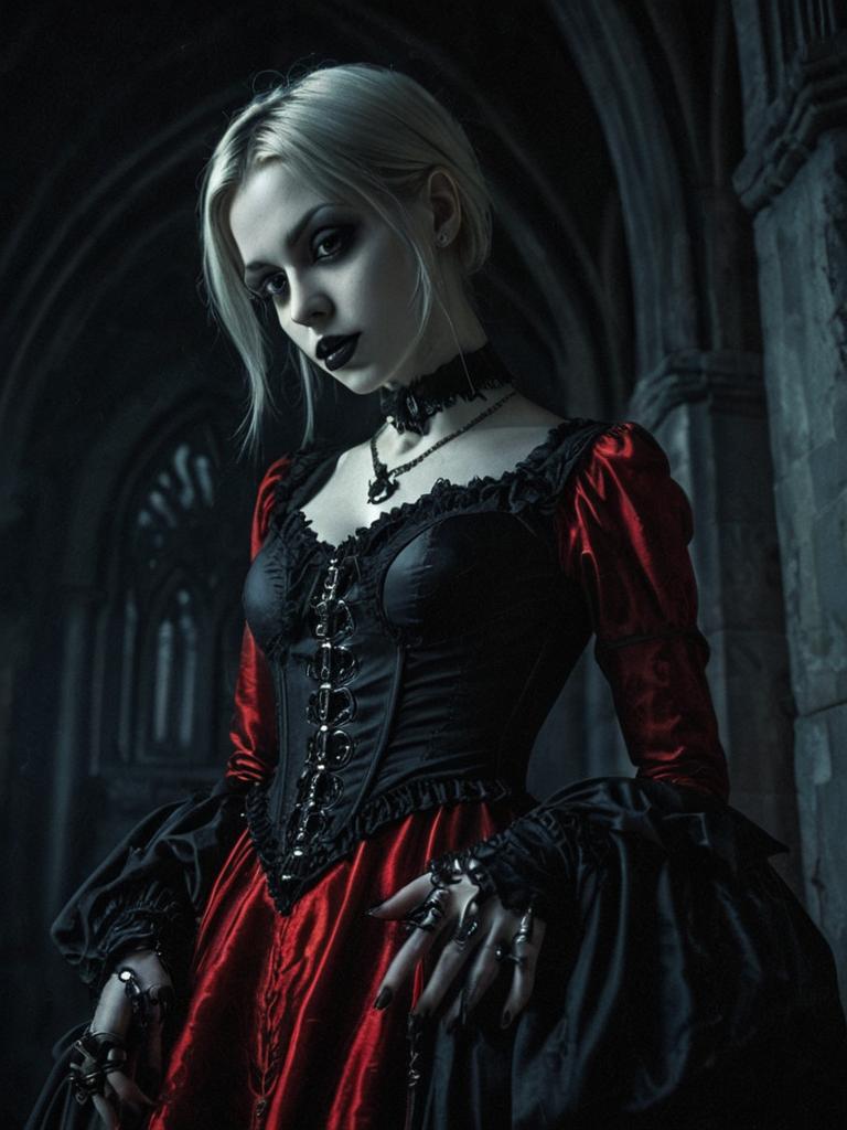 Gothic Victorian Woman in Red and Black Corset Dress