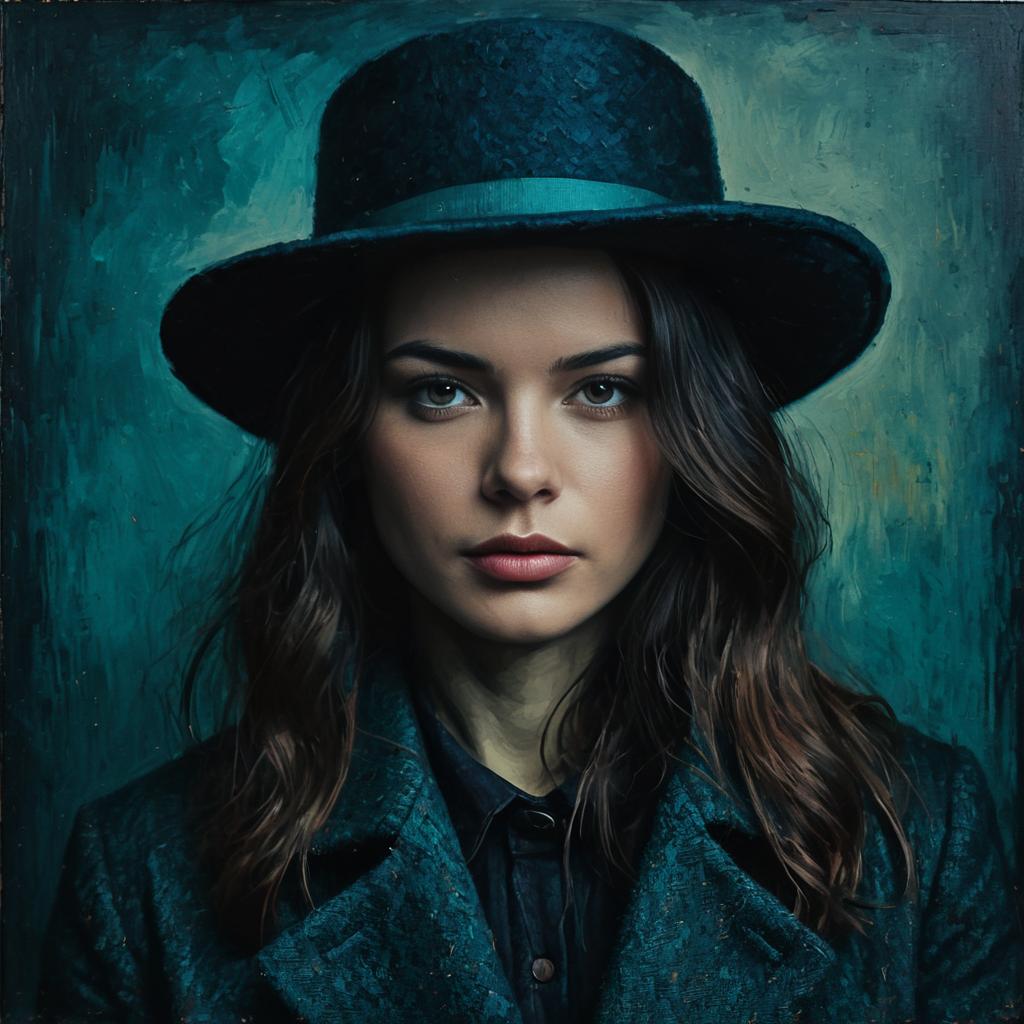 Realistic Portrait of Woman Wearing Black Hat and Dark Coat