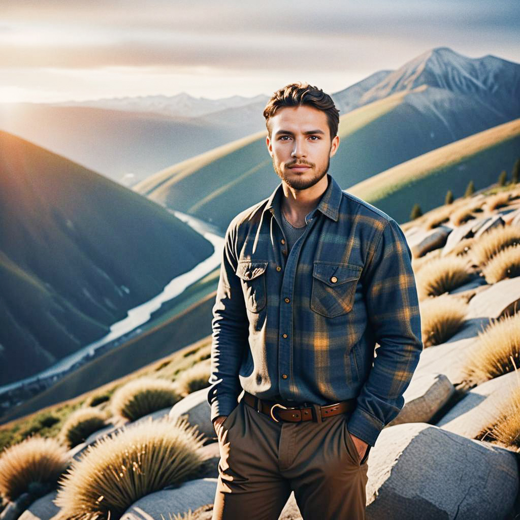 Handsome man in mountain landscape at golden hour