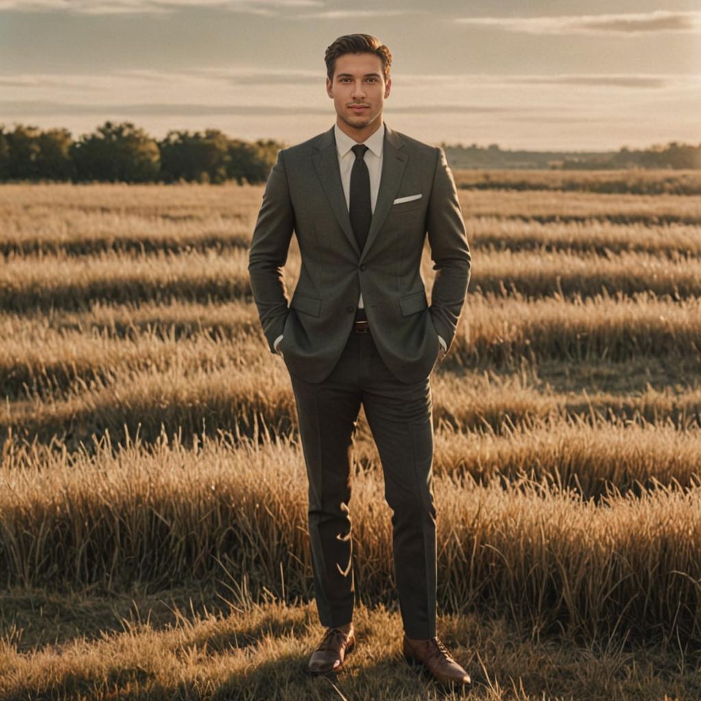 Man in Sharp Suit in Sunset Field