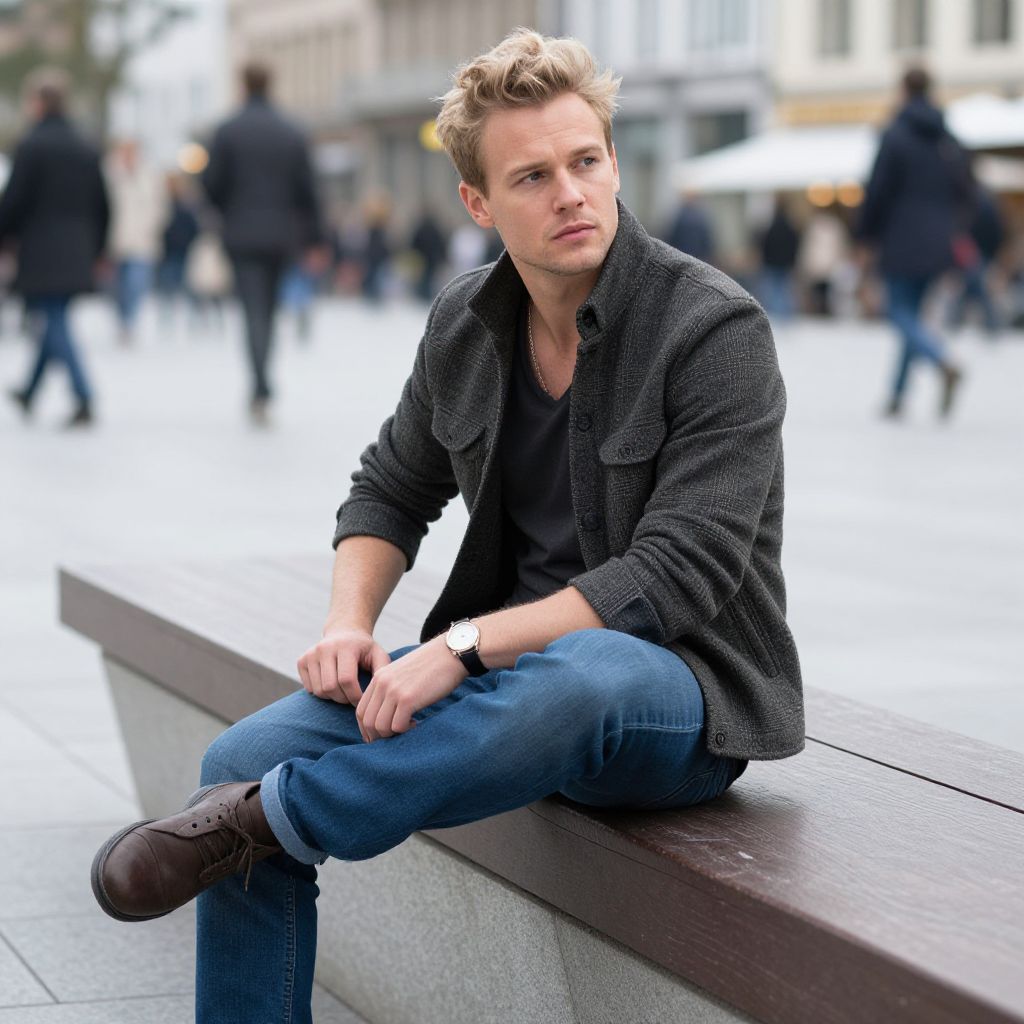 Young Man Sitting Thoughtfully on Urban Bench in Casual Outfit